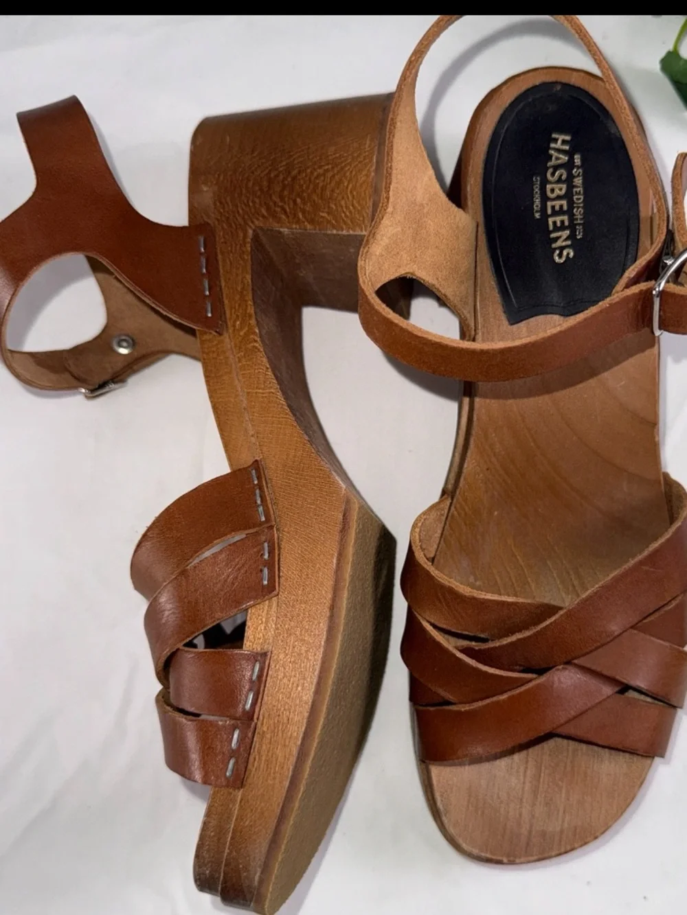 Swedish Hasbeens EU38 Clogs Sandals Cross Strap, Debutante Kringlan Heel Leather